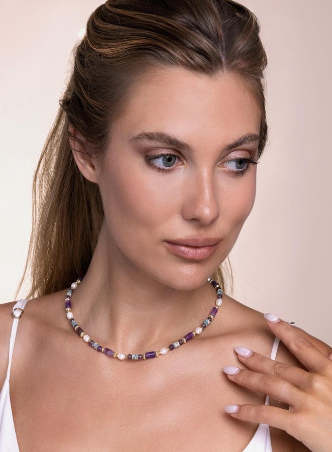SNGIA Purple Gold Teal Blue Pearl Amethyst Beaded Natural Stone Healing Statement Necklace Choker for Women by SNGIA, Colorful Quartz Trendy Birthstone Gemstone Bohemian Preppy Retro Bold Handmade Exaggerated Jewelry Gifts, Vintage Unique Cute Baroque Dangly Drop Summer Beach Fashion Nickle Free Rhinestone Accessories - Image 3